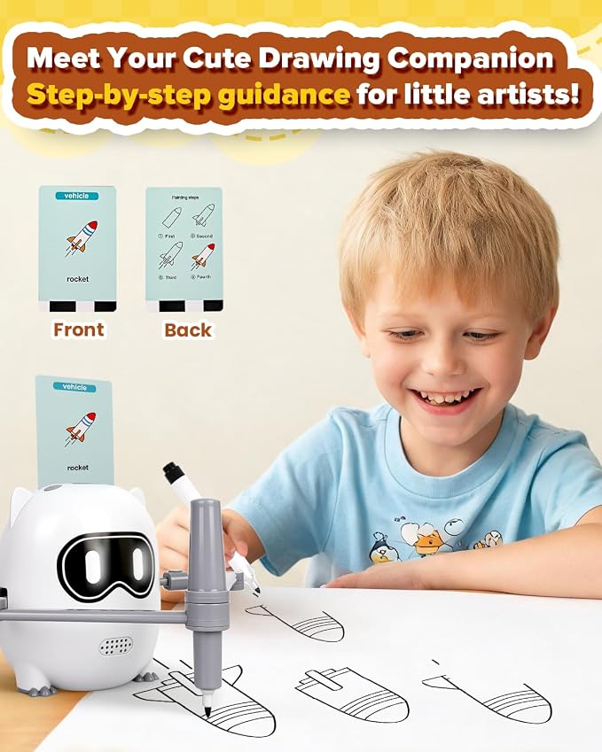 Drawing Robot Toy for Kids Ages 3 4 5 6 7 8, with 200 Cards, Voice Interactive Doodle Bot, Montessori Educational Painting Machine, Learning Art Toy for Boys Girls, Gift Idea