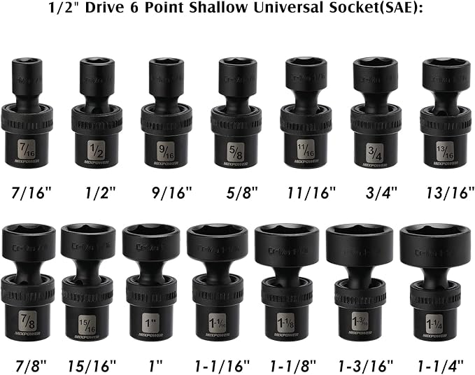 MIXPOWER 1/2" Drive Shallow Impact Universal Joint Swivel Socket Set, SAE, 7/16" to 1-1/4", Shallow, Flexible Wobble, Chrome Molybdenum Steel, 14 Pieces Set