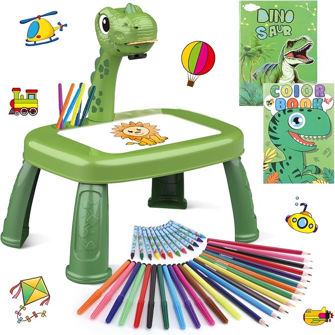 Drawing Projector for Kids, Art and Crafts, Drawing Board with Color Pens, Pencils, Crayons, Scrapbook, Dinosaur Sticker Book, Ideal Toy for 3+ Year Old Girls & Boys (Dinosaur Kit)