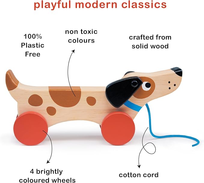 Mentari Toys - Puppy on Wheels - Wooden Dog Pull Toy for Toddler Walking for 18M+ Boys and Girls - Sustainable Rubberwood - Educational Motor Skills & Imaginative Play - Gift for Preschoolers