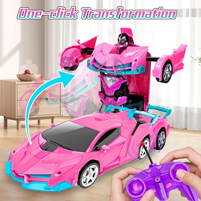 Pink Remote Control Car for Girls Age 3 4 5 6 7 8, Transformation Rc Cars Racing Car with One-Button Deformation & 360°Drifting Robot Toys for Birthday(Pink)