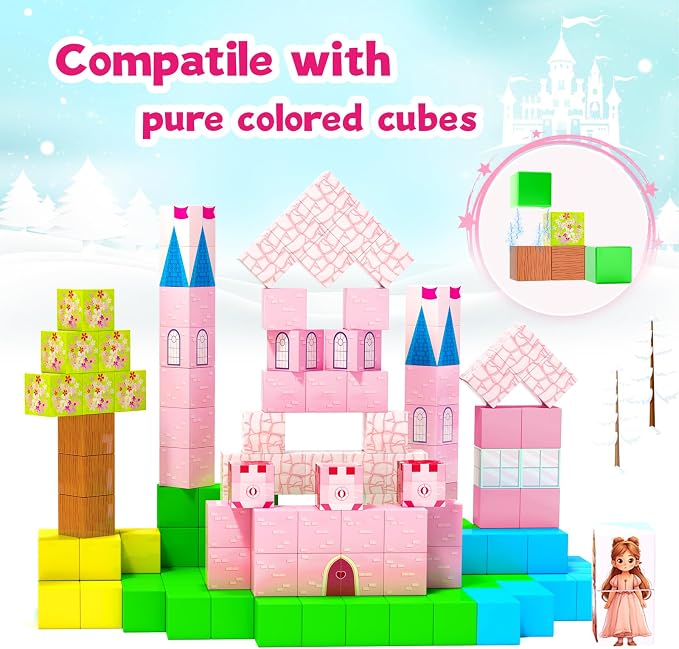 Hiwawind Large Magnetic Blocks 64Pcs (1-Inch), Princess Castle Building Toys, Birthday Gifts for 3 4 5 Year Old Girls, STEM Toddler Travel Toys for Age 3-8