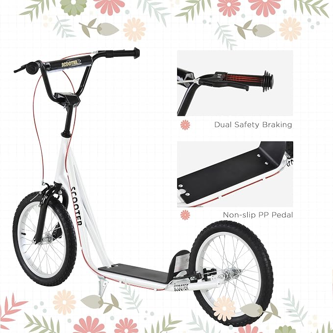 Aosom Youth Scooter Kick Scooter for Kids 5+, Max Load 220 LBS., with Adjustable Handlebar, 16" Inflatable Wheels, Dual Brakes