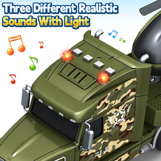 Bstoyder Toddler Boy Toys for 3 4 5 6 7 Years Kids, 27" Semi Army Truck Toy with Helicopters and Tank, Friction Powered Military Toys with Lights and Sounds, Birthday for Boy Girls