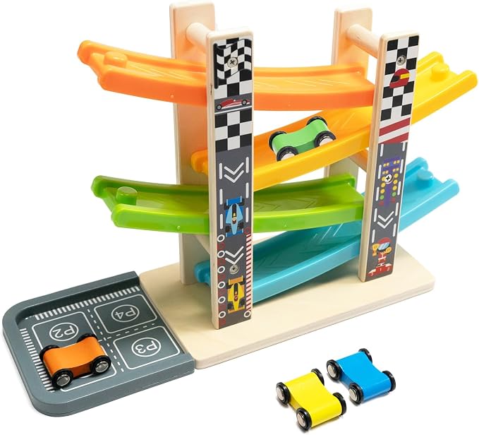 WOOD CITY Wooden Car Ramp Racer Toy Vehicle Set with 4 Mini Cars & Race Tracks, Toddler Toys Montessori Cars Toys Birthday Gift for Kids Boys and Girls