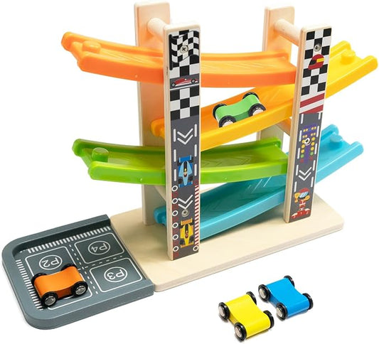 WOOD CITY Wooden Car Ramp Racer Toy Vehicle Set with 4 Mini Cars & Race Tracks, Toddler Toys Montessori Cars Toys Birthday Gift for Kids Boys and Girls