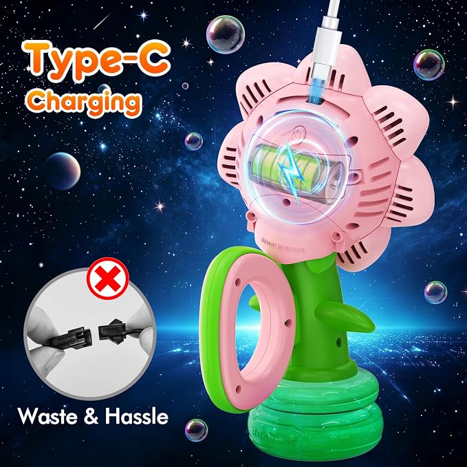 Yunaking Bubble Machine Wands Kids Toys: USB-C Rechargeable Bubbles Gun Maker Outdoor Toys LED Light Easter Basket Stuffers Birthday Valentines Gift for 3 4 5 6 7 8 Girl Toddlers Kids Party Wedding