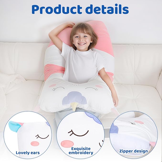 47x23 inch U Shaped Long Plush Body Pillows for Kids, Stuffed Animal Unicorn Soft Large Pillow for Sleeping, Big Cute Plushies, Washable Cover, Gift for Boys and Girls
