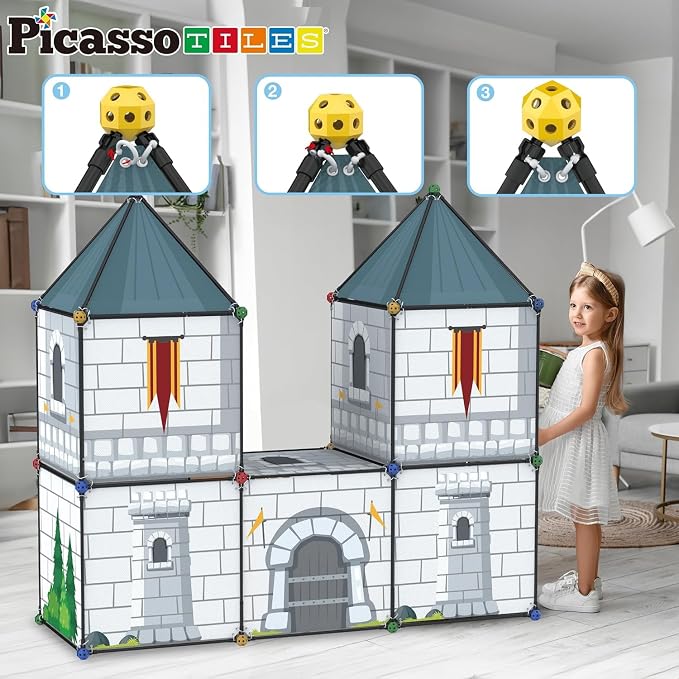 PicassoTiles Fort Building Kit 376 Pieces Kids STEM Educational Learning Construction Play Toy Indoor and Outdoor DIY Build Forts Castles Tents Playhouse with Cloth Cover Print Boy Girl Ages 5+ PTC126