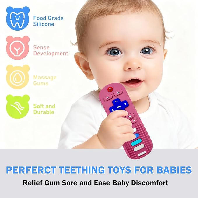Baby Teething Toys-TV Remote Control Shape Silicone Infants Teething Toys for Babies 0-18 Months,BPA-Free (Pink)