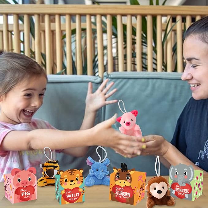 ATFUNSHOP Easter Basket Stuffers 30 Pack Animal Plush Toys with Gift Boxes | Valentines Day Gifts for Kids, Gift Card & Toys Fillers in Bulk Exchange for Girls Boys Class Classroom School