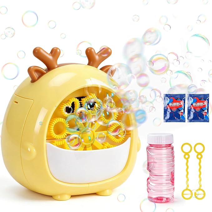 JONEG Bubble Machine Toys for Kids 3-8 Years Old - Bubble Blower Maker with Solutions, Outdoor Toy, Birthday Gift for 3 4 5 6 7 8 Year Old Girls Boys Toddlers (Deer-Yellow)