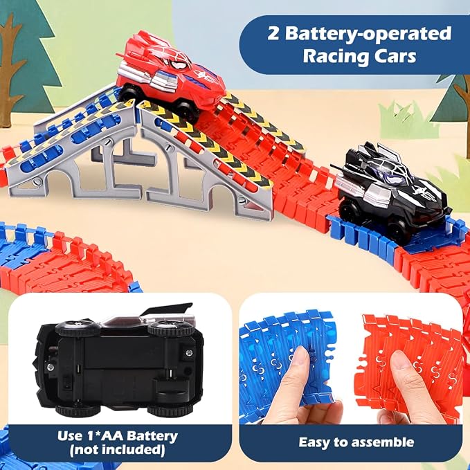 KaeKid Spider Race Track for Boys 3-8, 212PCS Race Car Track with 2 Spider Cars, DIY Flexible Track Playset, Toddler Toys Birthday Gifts for Kids