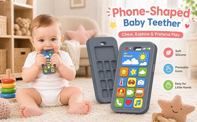 Baby Teething Toys Silicone Baby Phone Teether Over 3 Months - Sensory Chew Toys Baby Teether for Teething Relief - BPA Free Infant Toys Baby Shower Gifts (1, Grey)