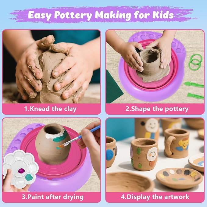Pottery Wheel for Kids with Complete Clay Kit,Beginner Pottery Painting Set with Air Dry Clay,12 Paints,Sculpting Tools,Apron and Guide,Arts and Crafts Christmas Birthday Gift for Girls Boys Ages 6-12