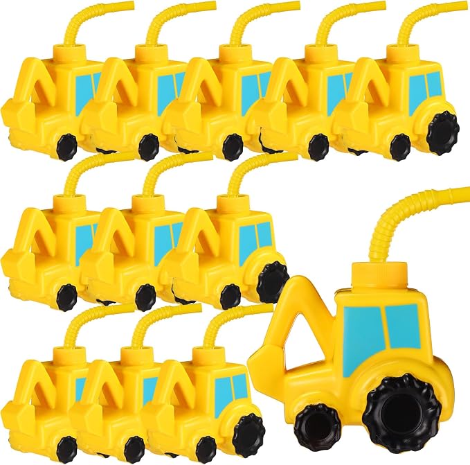 Tanlade 12 Set Excavator Truck Cups with Straws, Tractor Birthday Party Decorations 10 oz Plastic Excavator Shape Cup Reusable Cups Construction Themed Party Favor for Kids Construction Car