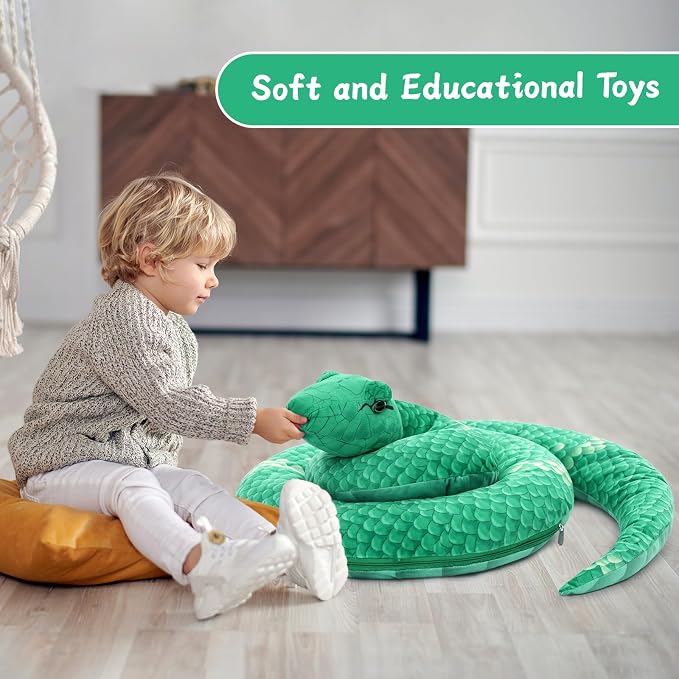 Muiteiur Giant 6 Piece Snake Stuffed Animal, 55 inch Mommy Snake with 3 Baby&2 Egg, Green Large Jungle Plush Toy, Realistic Serpent Plush Toy Gift for Kids Girls Boys