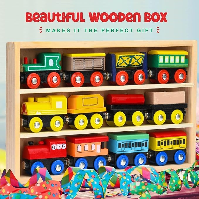 Play22 Wooden Train Set 12 PCS - Magnetic Train Toys Set Includes 3 Engines - Toy Sets for Kids Toddler Boys and Girls - Compatible with All Major Brands - Original