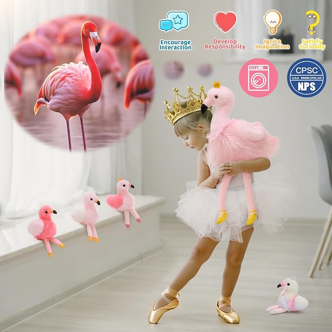 MorisMos Pink Flamingo Stuffed Animal with 4 baby Bird Plush Toys Inside, 24'' Ballerina Flamingo Plush Toys Set for Girl Boy Kid, Mom & Baby Pink Bird Stuffed Animal Gift Decor for Christmas Birthday