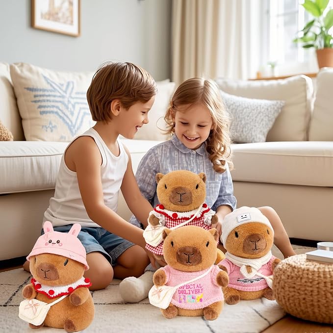 10.2" Brown Capybara Plush Toy with 9 Clothes and Accessories Super Soft Capybara Stuffed Animal for Kids Girls Boys (Pink Capybara)