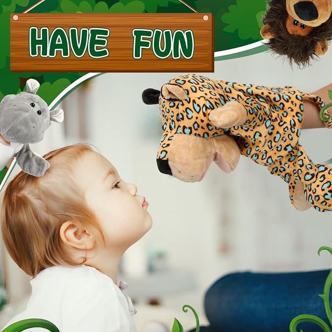 Lenwen 10 Pcs Animal Hand Puppets Set for Kid Soft Plush Jungle Toys with Open Movable Mouth Friend Safari Wildlife Zoo Puppet for Toddler Storytelling Teaching Preschool Role Play Lion Tiger Elephant