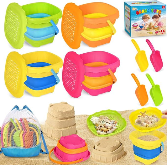SpringFlower Beach Toys for Kids,Sand Toys for Toddlers with Collapsible Beach Buckets & Shovels Set,Travel Sandbox Toys for Toddlers Gifts Boys Girls Summer Outdoor Toys