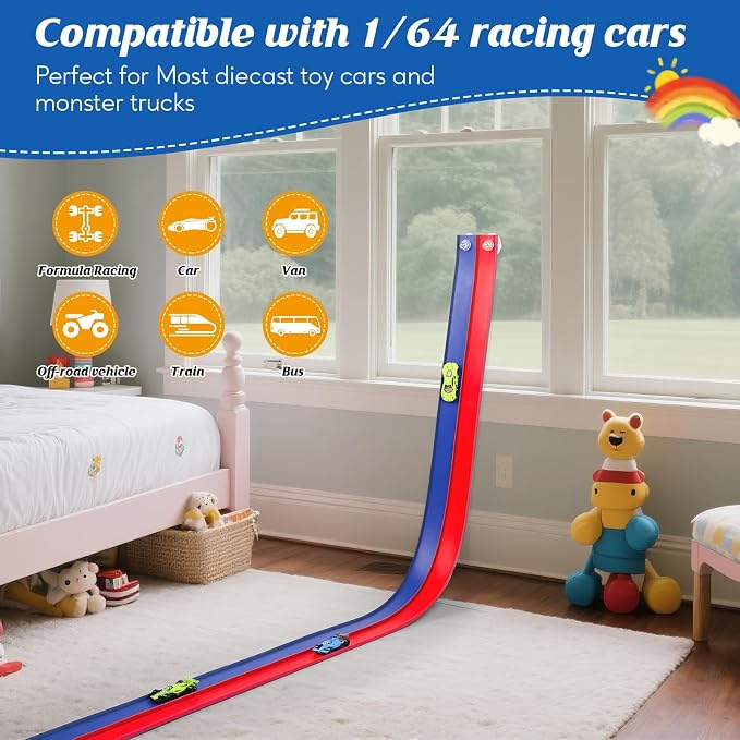 Flexible Race Car Track 15 Ft Starter Set with Suction Cups Compatible with Diecast 1/64th Car for Ages 3 & Up Classic Blue and Red Double Track Long Rolls Up Portable Racetrack