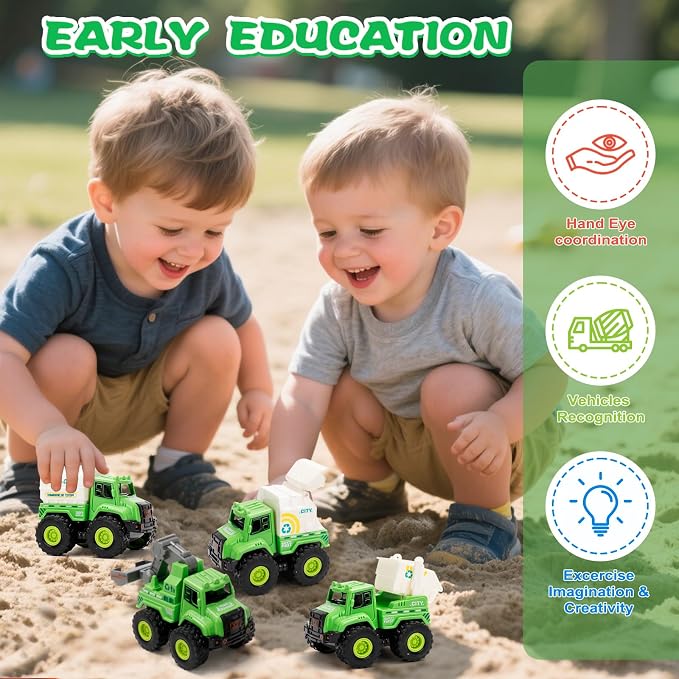 4 Pack Friction Powered Garbage Truck Toys, Push and Go Sanitation & Recycling Vehicle Set with Realistic Details, Eco-Friendly Trash Trucks for Toddlers 1-5, Gift for Boys Girls