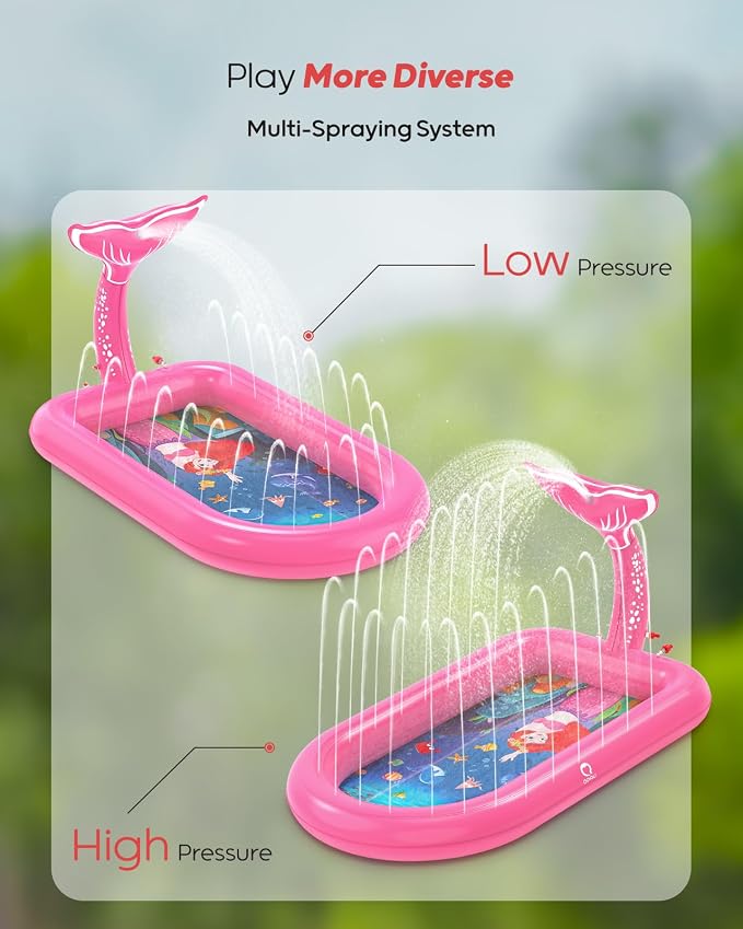QPAU Splash Pads for Toddlers 1-3, Pink Mermaid Toy Splash Pad for Kids, Outdoor Play Mat for Babies, Inflatable Pool for Birthday Girl Gifts 1 Year Old Girl