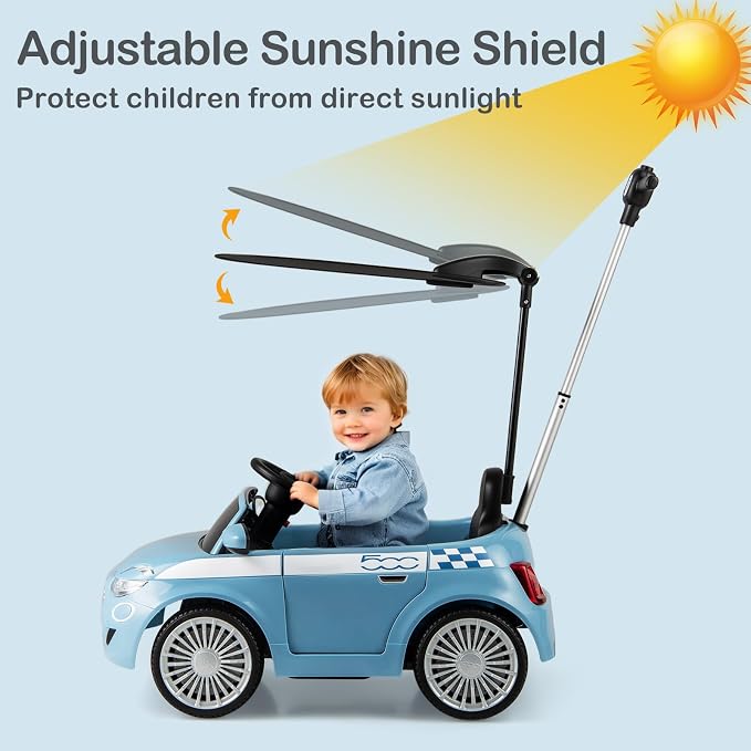 Licensed Fiat 500 Ride on Push Car by INFANS, 3 in 1 Baby Stroller Sliding Walking Car with Retractable Footrest, Parent Control Handle, Horn, Foot-to-Floor Toys for Kids Toddlers 18 Month+ (Blue)