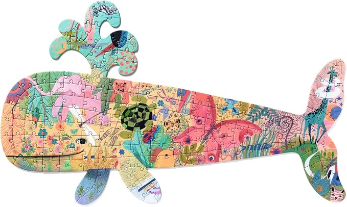 DJECO 150 Piece Shaped Jigsaw Puzzle w/Poster - Challenging Activity for Home, School or Gifts - Fun & Creative for Family & Friends, Educational Ocean Puzzle for Kids 6+ - Whale