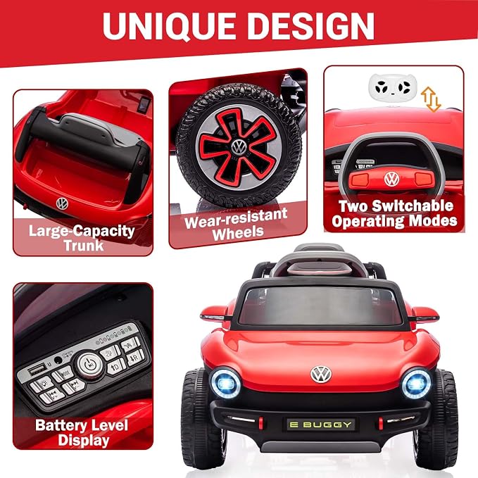 GarveeLife 12V Kids Ride On Car Licensed Volkswagen Beetle Electric Ride On Toy for Toddlers 4 Wheeler Vehicle with Parental Remote, Battery Level Display, LED Lights, USB, Horn, Music, Red