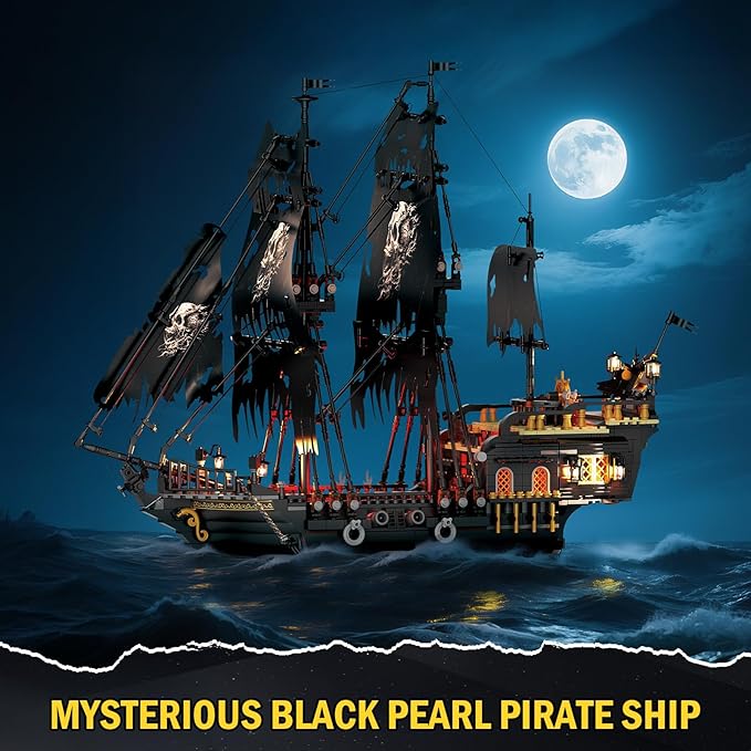 Pirate Ship Model Building Set for Adults Boys Girls, Black Pearl Ship Model with Light, Sail Boat Construction Toys, Collectible Display Home Office Decor, Birthday Gifts（1713 Pieces）