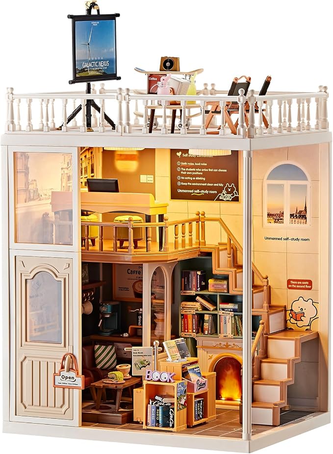 DIY Miniature Book Nook House Kit for Kids 8+ - Library Bookstore Study Room with Coffee Room, Bookshelves, Rooftop Terrace Relax Area, Tiny Play Set Building Craft for Children
