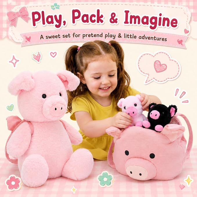 Pig Plush Toy Set, 21" Large Mother Pig Stuffed Animal with 2 Baby Pigs and Removable Backpack, Soft Farm Animal Plushies for Kids, Birthday
