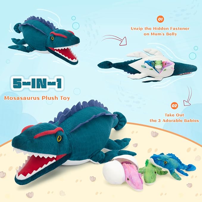 Blue Dinosaur Stuffed Animal,Giant Dinosaur Plush Toy,Mommy Mosasaur with Babies & Egg, Soft Mosasaurus Plushie,Realistic Dino Stuffy,Gifts for Kids Boys Girls Easter Christmas Birthday