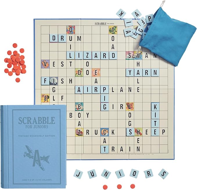 WS Game Company Scrabble for Juniors Vintage Bookshelf Edition: Linen Fabric-Wrapped Book Case — Educational Scrabble Jr. Board Game for Kids and Families (2-4 Players, Ages 5+)