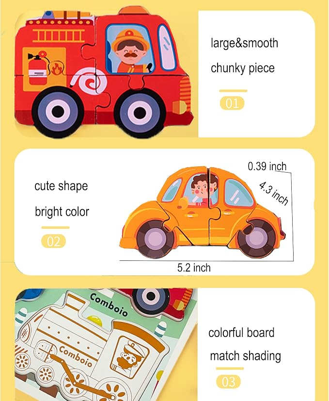 Jumbo Base Wooden Blocks Puzzles for Toddlers 1-3 ，Educational Toys for 2-3 Years Old,Toddler Montessori Gifts Vehicle Car Truck Puzzles Ages 2-4
