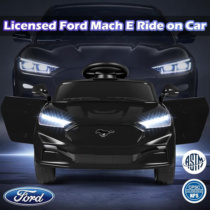 Costzon Ride on Car, 12V Licensed Ford Mach E Kids Electric Vehicle with Parent Remote, LED Lights, Horn, Music, Wireless Connection & Spring Suspension, Kids Car Toy for Girls Boys (Deep Black)