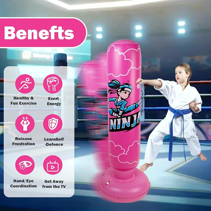 Onirii Kids Inflatable Punching Bag | Large Stable Kids Inflatable Boxing Bag Toy Set with Gloves for Boys & Girls Age 3-12 for Taekwondo,MMA and Practicing Karate