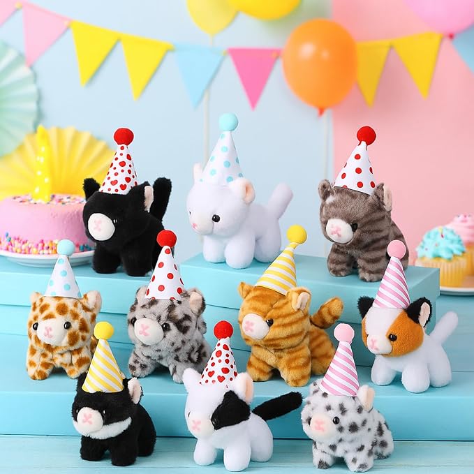 10 Set Kittens Stuffed Animals Bulk with 10 Birthday Hats 10 Kraft Paper Boxes Mini Plush Toys Small Stuffed Cat Pet Gifts for Kids, School Birthday Animal Decor(Standing Style)