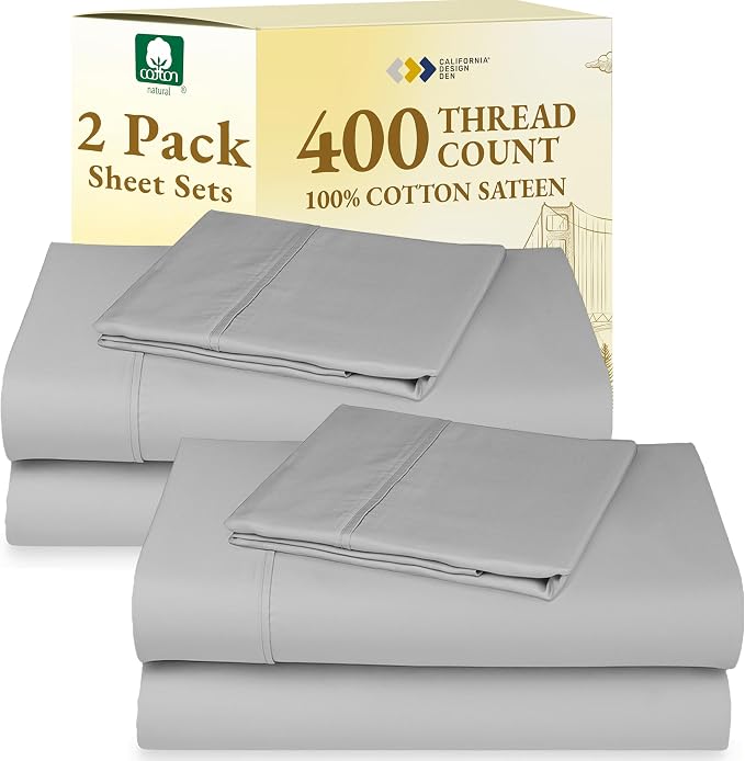 California Design Den Pack of 2 Twin XL Sheet Set Cotton - 400 Thread Count 100% Cotton Sateen - Soft and Breathable Sheets, Twin XL Sheet Sets, 2 Sets of Deep Pocket Bed Sheets - Light Grey