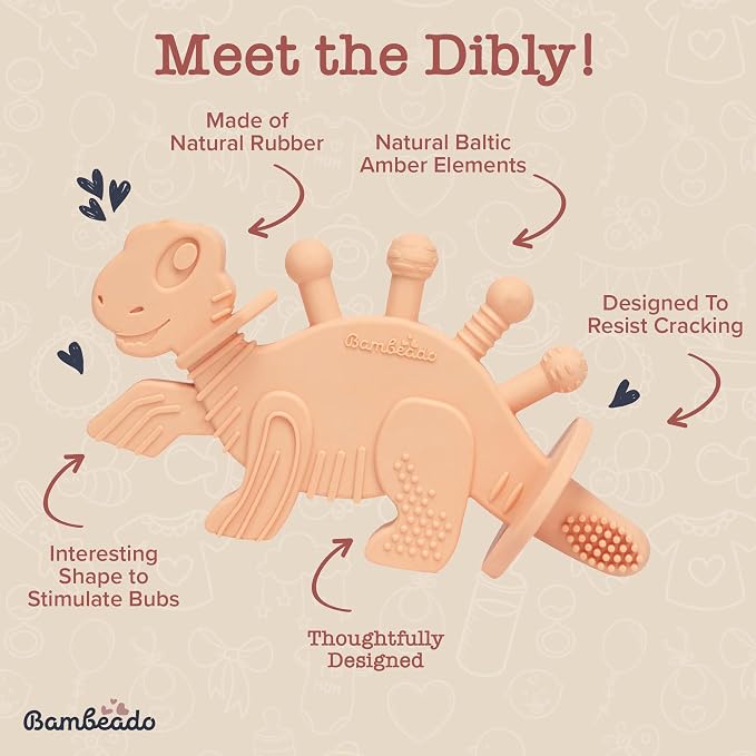 Bambeado Dibly Baby Teething Toy - Made with Natural Rubber & Amber Elements - Gentle Support, Easy to Hold, Simple to Clean - Cute Dinosaur Teether Toy - Alternative to Amber Teething Necklace Pink