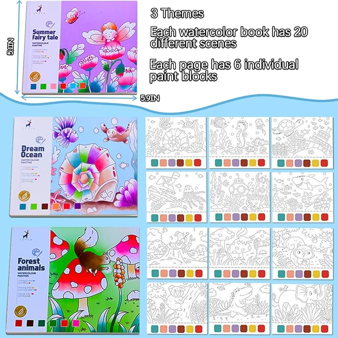 JUNQIU 3Pack Water Color Paint Sets for Kids, Paint With Water Books, Pocket Watercolor Painting Book, Arts and Crafts for Girls Gifts,Stocking Stuffers For Kids