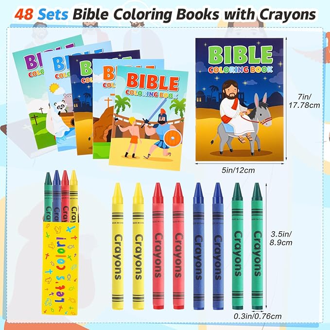 Gilprop 48 Set Bulk Christian Coloring Books with Crayons for Kids Bible Religious Drawing Books Bulk Christian Story Activity Supplies, DIY Sunday School Crafts, Bible Party Favors Gifts