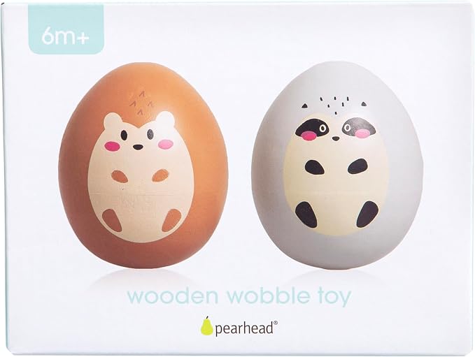 Pearhead Wooden Wobble Toy Set, Raccoon & Hedgehog Montessori Balance Toys for Babies 6+ Months, FSC Certified, Sensory Tummy Time Development Toy