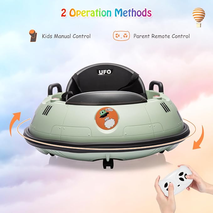 Ride On Bumper Car, 12V Electric Toddlers Car with Remote Control, Safety Belt, Music, Flashing Lights, 360 Degree Spin, Bumper Car for Toddlers,Kids,Green