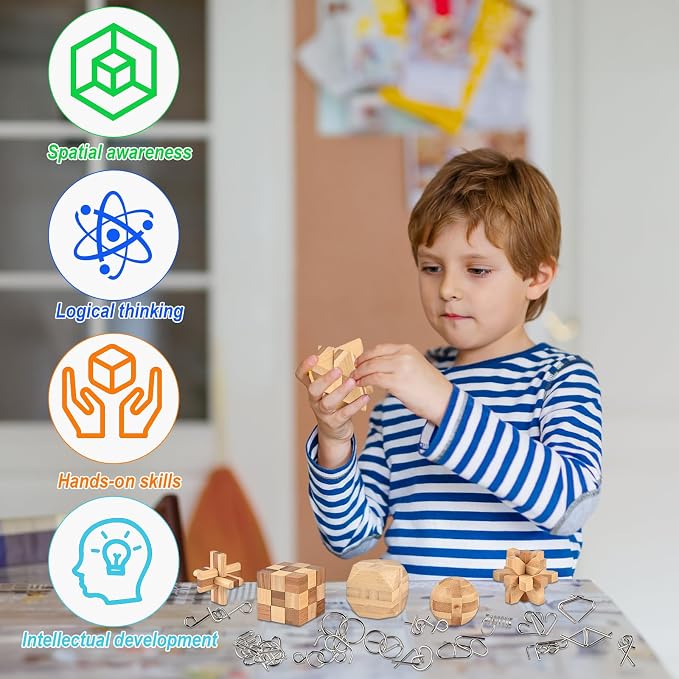 GOLDGE 30pcs Brain Teaser Puzzle Set for Adults & Kids – Ancient Wooden & Metal 3D Puzzles, IQ Logic Games for Family, Parties & Coffee Breaks. Unlock & Solve Interlocking Challenges, Educational Toy