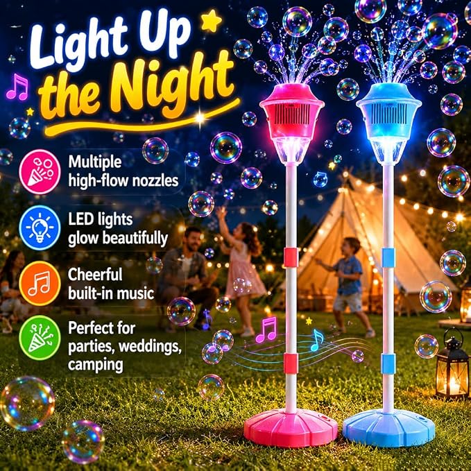 New Bubble Machine, 47in Rechargeable Automatic Bubble Maker with Light Music, 3 Level Heights Adjustable, Detachable Bubble Wand for Outdoor Party Wedding, Includes Bubble Solution (Red)
