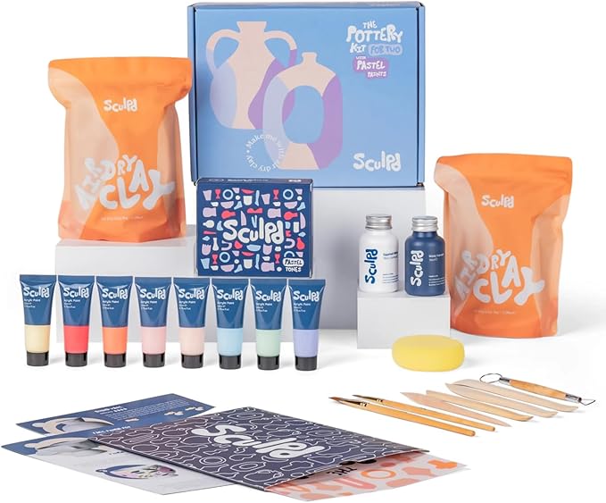 Sculpd - The Original Pottery Kit for Adults - Air Dry Clay for Adults, Tools, Varnish, Paints, Brushes, Couples Date Night Arts & Crafts Set, Gloss Varnish with Pastel Tones